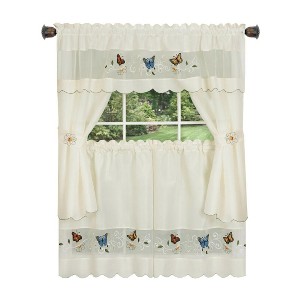 Kate Aurora Embroidered Butterflies & Sunflowers Complete 3 Piece Kitchen Curtain Tier & Valance Set - 1 of 4