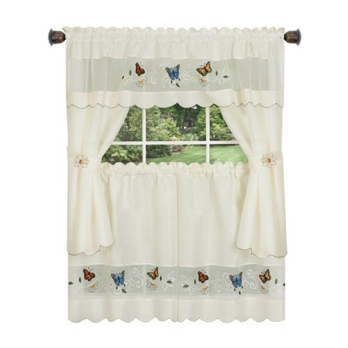 Kate Aurora Embroidered Butterflies & Sunflowers Complete 3 Piece Kitchen Curtain Tier & Valance Set - image 1 of 4