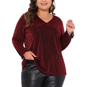 Agnes Orinda Women's Plus Size Glitter Sparkle V Neck Metallic Party Sequin Blouses - 1 of 4
