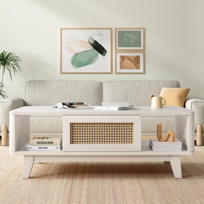 Lirago,Modern Square Coffee Table with Rattan Drawer - Wooden Mid-Century Design for Living Room-White