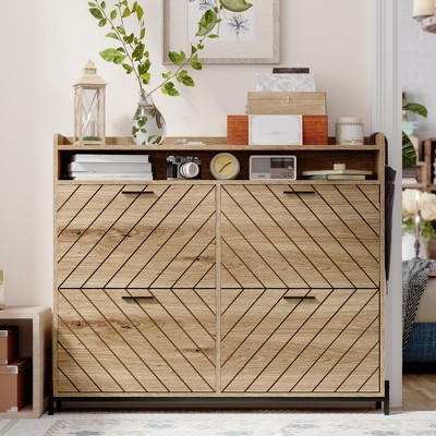 RISOKEYS Freestanding Shoe Storage Cabinet with 4 Flip Drawers,and doors shoe cabinets with Metal Legs & 2 Open Shelves for Entryway，