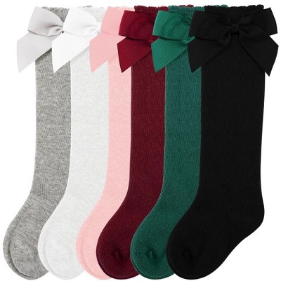 Cozyway Baby & Toddler Knee High Bow Socks, 6 Pack for Girls, White/Gray/Pink/Burgundy/Green/Black, 9-18 Months Old