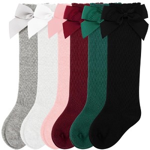 Cozyway Ruffled Baby Knee High Socks for Girls, 6 Pack, White/Black/Gray/Pink/Burgundy/Green with Bow, 0-9 Months Old - 1 of 4