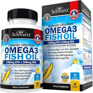 Omega 3 Fish Oil Softgels, 1200mg EPA and 900mg DHA Fatty Acid, Supports Joint, Eyes, Brain & Skin Health, Burp-less Lemon Flavor, Bioschwartz,90ct - 1 of 4
