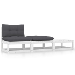 vidaXL 3 Piece Patio Lounge Set with Cushions White Solid Wood Pine - 1 of 4