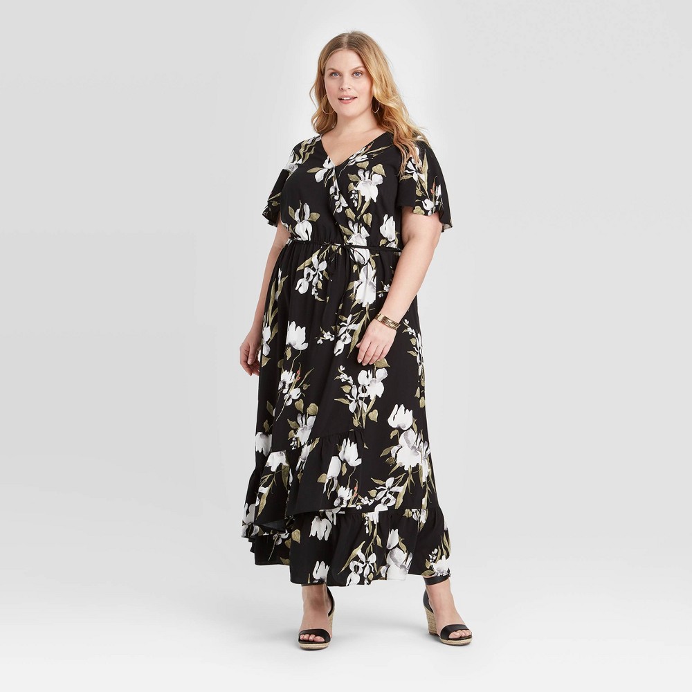 Women's Plus Size Floral Print Short Sleeve Wrap Maxi Dress - Ava & Viv Black 4X was $34.99 now $24.49 (30.0% off)