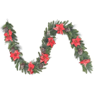 9FT Prelit Christmas Garland Decorations with LED Lights, Battery Operated Lighted Garland with Ball Poinsettia Ornaments for Xmas Decor