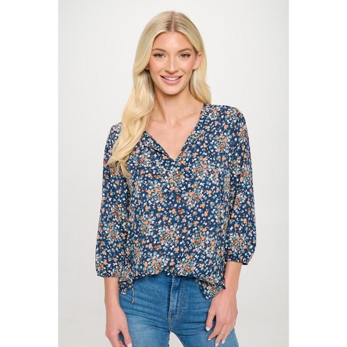 West K Women's Sophia Three Quarter Sleeve Blouse - Medium - Blue Ditzy ...