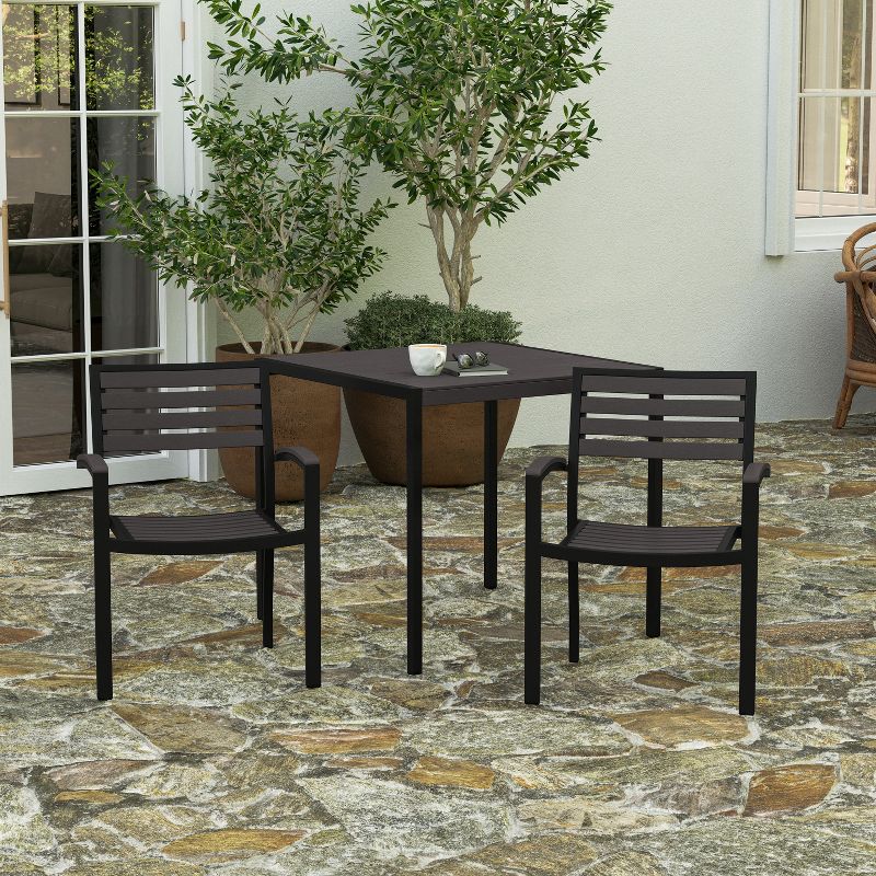 Merrick Lane Set of Two Aluminum Stacking Chairs with Faux Teak Slatted Back and Seat and Faux Teak Accented Arms, 2 of 12