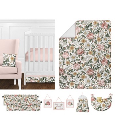 Sweet Jojo Designs Vintage Floral Boho Baby Girl Nursery Crib Bedding Set 11 Pieces Blush Pink Yellow Green and White