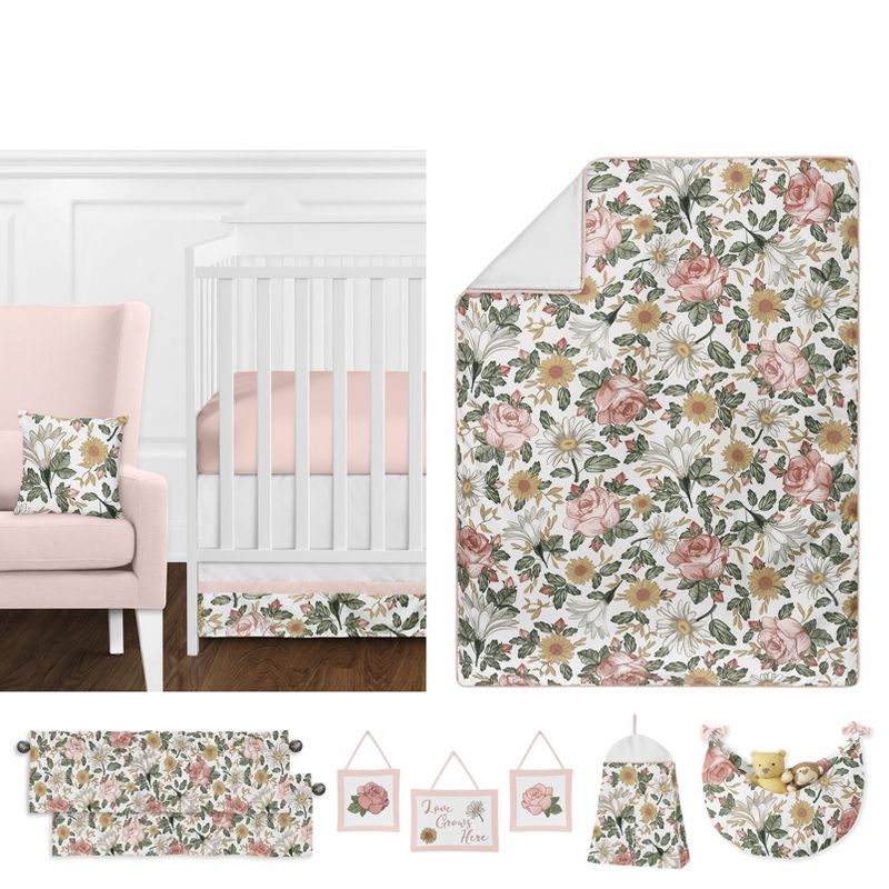 Sweet Jojo Designs Girl Baby Crib Bedding Set - Vintage Floral Pink Green and Yellow 11pc, 1 of 8
