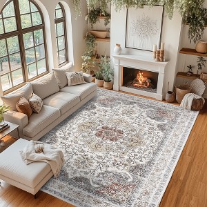 Washable Area Rug, Non-Slip Floral Carpet, Retro Floor Mat for Kitchen, Bathroom, Living Room, Bedroom, Entryway & Hallways - 1 of 4