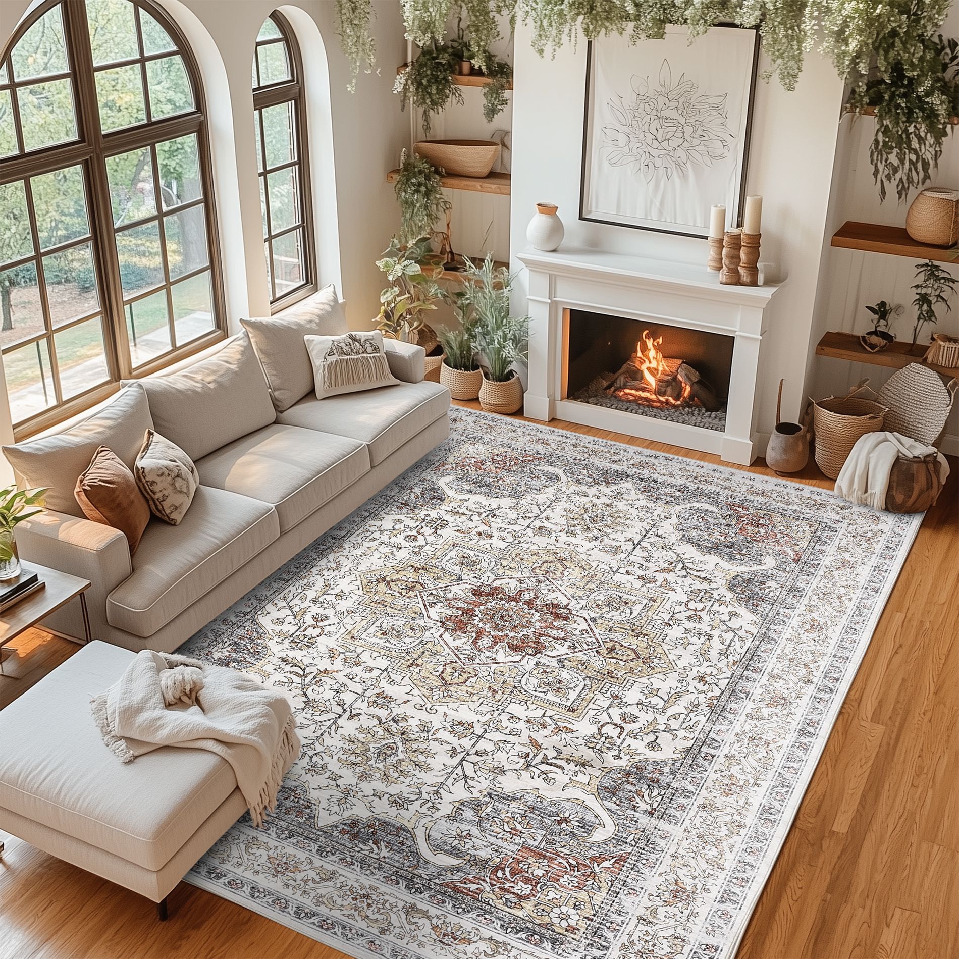9'x12' Washable Area Rug, Non-Slip Floral Carpet, Retro Floor Mat for Kitchen, Bathroom, Living Room, Bedroom, Entryway & Hallways: Vintage Beige