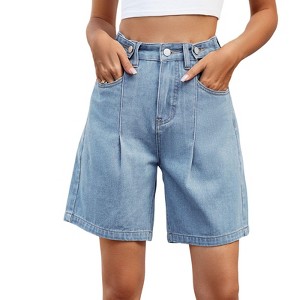 BLUEMING Womens Baggy Jean Shorts Button High Waist Stretchy Loose Trendy Casual Denim Shorts with Pockets - 1 of 4