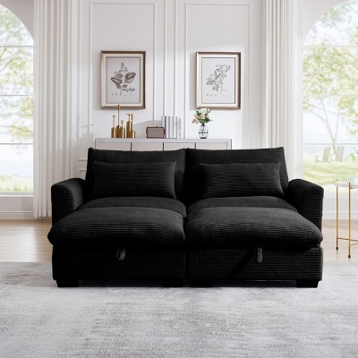3 Pieces Modern Sofa With Storage Ottoman, Modular Couch Sectional Sofas Small With Pillows And Round Armrests, Small L Shape Sofa-Cuddlewood