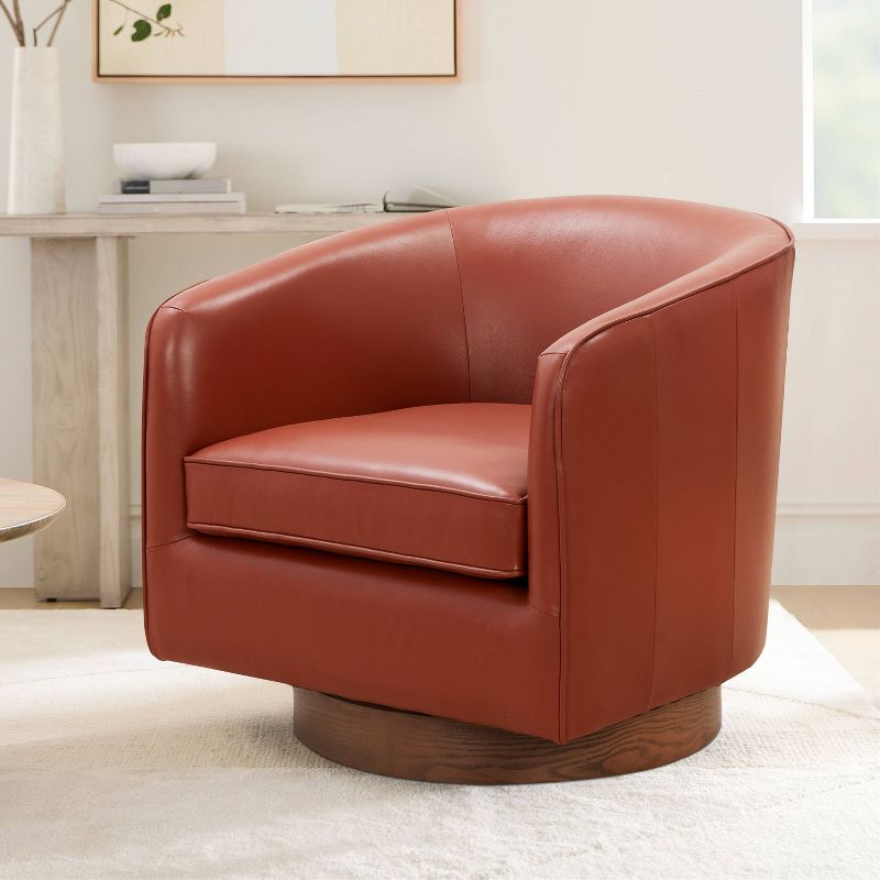 Comfort Pointe Taos Top Grain Leather Wood Base Swivel Accent Chair, 2 of 14