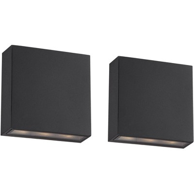 Possini Euro Design Modern Outdoor Wall Lights Set of 2 Black Metal LED Downlight 5 1/2" Tempered Glass Exterior House Porch Patio