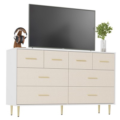 8 Drawer Dresser with Gold Metal Handles Chest of Drawer Modern Wide Drawer Storage Organizer, TV Stand Cabinet for Closet Entryway Living Room