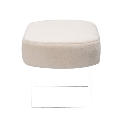 Ivory Faux Sheepskin Ottoman with Crystal-Clear Acrylic Legs