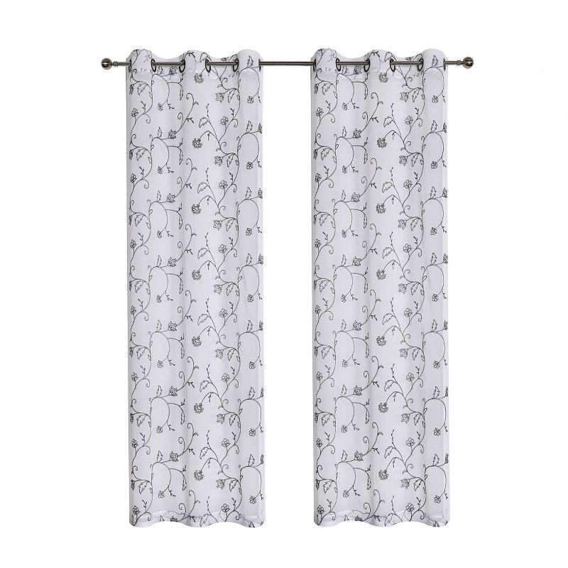 Kate Aurora 2 Piece Scroll Floral Embroidered Sheer Voile Grommet Top Window Curtains, 3 of 8