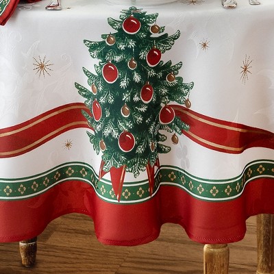 Holiday White and Red Oval Fabric Tablecloth with Christmas Print