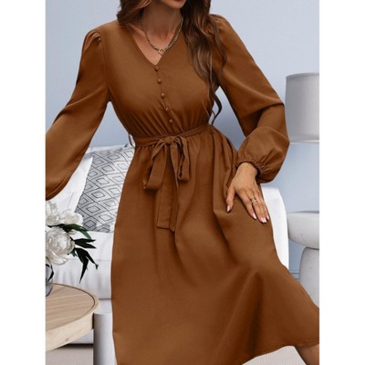 Women's Long Sleeve V-Neck Midi Dresses Flowy A Line Dresses