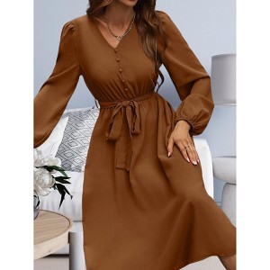 Women's Long Sleeve V-Neck Midi Dresses Flowy A Line Dresses - 1 of 4