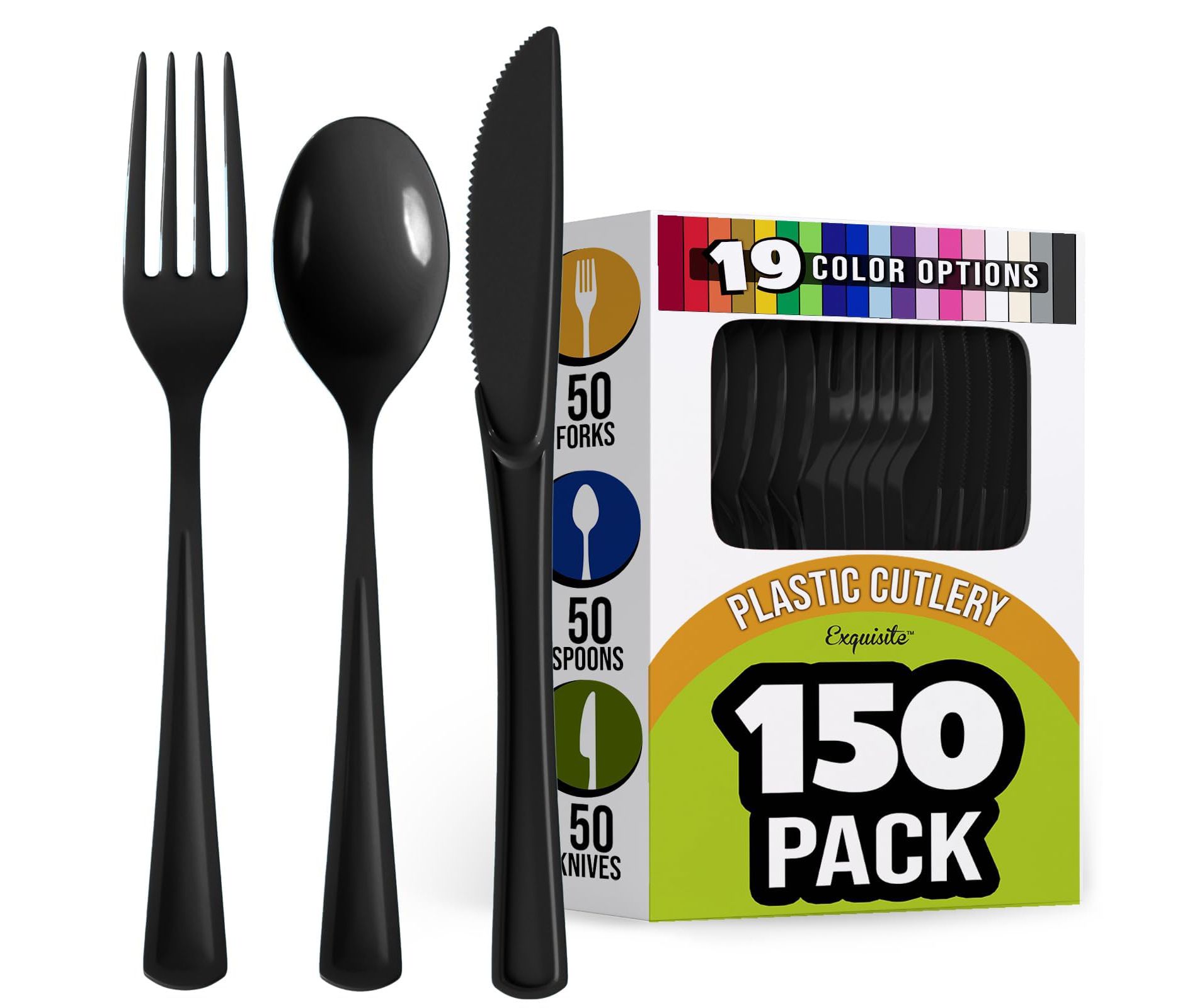 Exquisite Solid Color Plastic Utensil Cutlery Set Forks Spoons Knives- 150 Pack