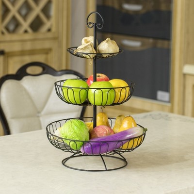 Black Powder-Coated Iron 3-Tier Round Fruit Basket