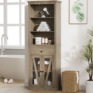 66.5'' Farmhouse Tall Storage Cabinet, Slim 5-Tier Wooden Bookcase with 2 Glass Doors & Drawer, Multi-Purpose Pantry Organizer - 1 of 4