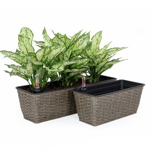 NAYSAYE Garden Planter Set of 2 Self Watering Wicker Rectangle Pots for Outdoor Patio Decor, Gray, 23.2"*7"*6.3" - 1 of 4