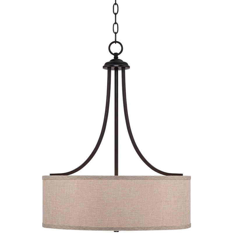 Franklin Iron Works Oil Rubbed Bronze Pendant Chandelier 19 1/2" Wide Farmhouse Rustic Oatmeal Linen Drum Shade Fixture for Dining Room Kitchen Island, 5 of 9