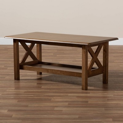 Walnut Brown Rectangular Solid Wood Coffee Table with Shelf