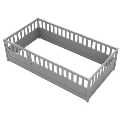 AZL1 Life Concept Beds Montessori Twin Floor Bed with Safety Fence, Wooden Children Bed with Secure Door, Grey, 78.19"*41.77"*21.46"