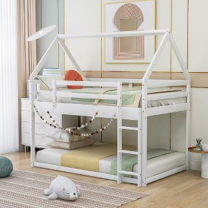 Twin Over Twin Low Bunk Bed With Slide And Ladder, Twin Bed Frames House Bed Frame With Roof Twin Size Bed Frame For Toddlers - 1 of 4