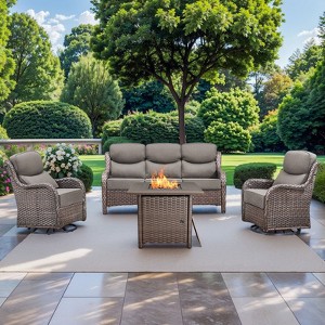 Gymojoy 4 Pieces Outdoor Patio Wicker Sofa Swivel Chair with 6 Inch Cushions and Fire Pit Table - 1 of 4