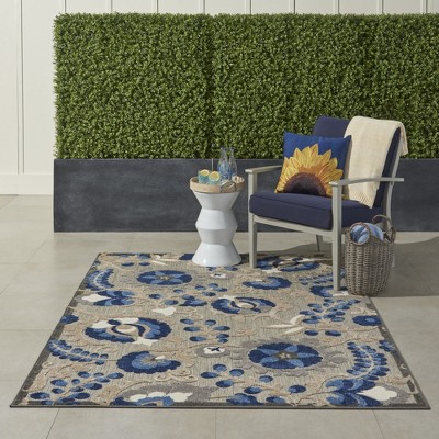 Natural Blue Floral Synthetic Medium Rectangular Rug