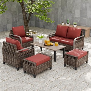 EAGLE PEAK Wicker Outdoor Patio Conversation Set, 2 Chairs, 2-Seat Loveseat, 2 Ottomans and Coffee Table, 6 Pieces - 1 of 4