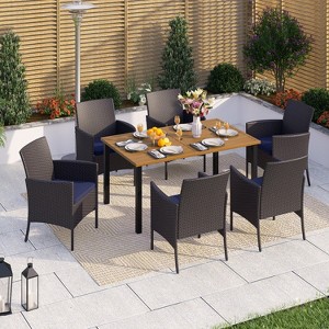 Captiva Designs 7pc Patio Slatted Top Steel Dining Table with Umbrella Hole & Cushioned Armrest Rattan Chairs - 1 of 4