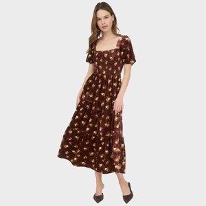 August Sky Women's Velvet Smocked Floral Print Tiered Midi Dress - 1 of 4