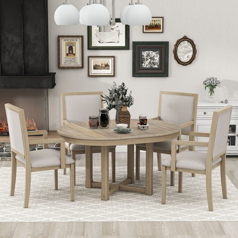 5 PCS Round Extendable Dining Table Set with Butterfly Leaf and 4 Upholstered Dining Armchairs Natural Wood Wash ModernLuxe