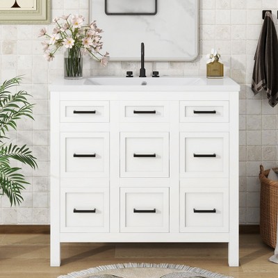 NicBex Bathroom Vanity with Resin Sink,Multi-Functional Bathroom Sink Vanity with 2 Soft Close Doors and 4 Drawers,36" Bathroom Sink Cabinet,White