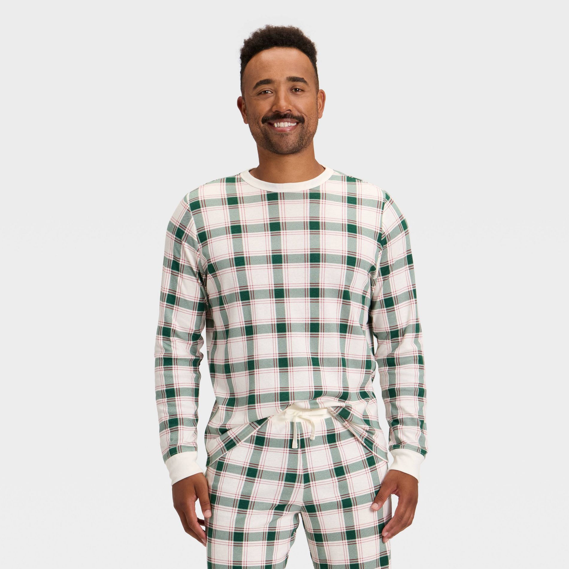 Men's Plaid Ribbed Long Sleeve Holiday Matching Family Pajama Shirt - Wondershop™ Cream