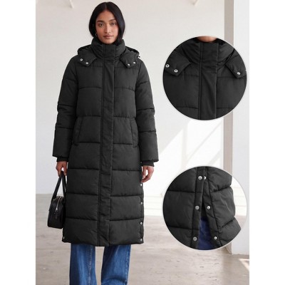 Женские куртки INSPIRE CHIC Women's Winter Long Buttoned Slit Hem Parka Stand Collar Removable Hood Warm Quilted Padded Coat M Black — фото 2