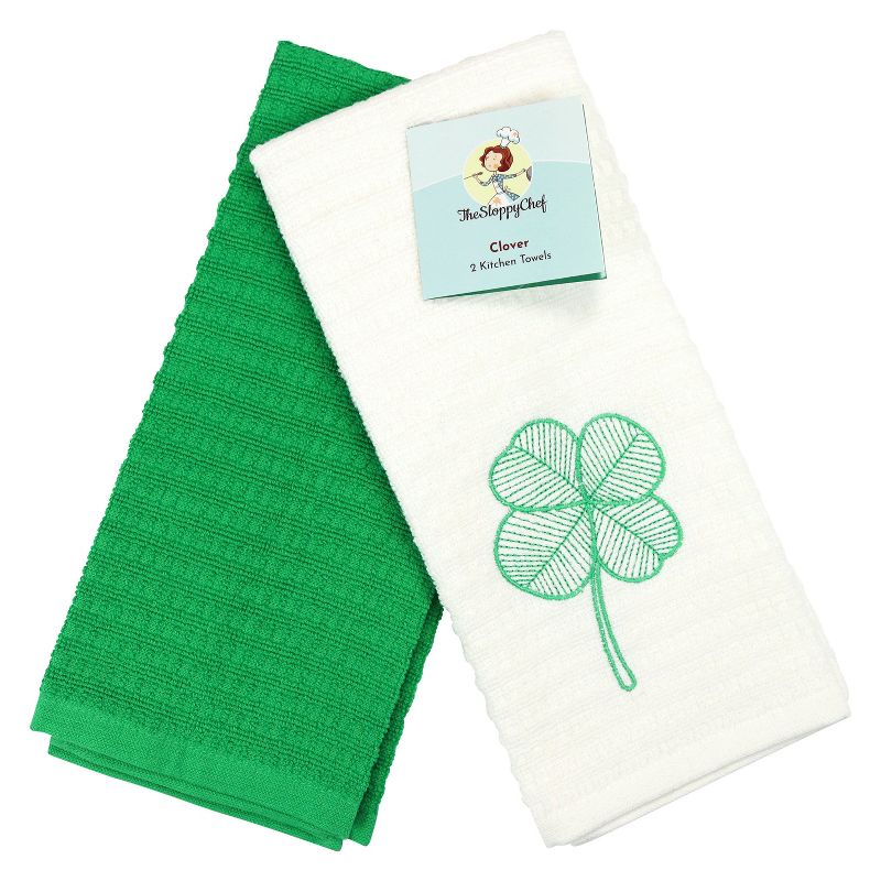 Sloppy Chef Lucky Embroidered Kitchen Towel (2-Piece Set), 16x26, 100% Cotton, Clover Design, 2 of 6