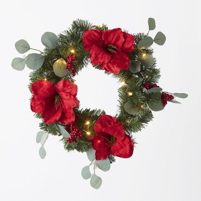 Lakeside Lighted LED Holiday Wreath with Faux Holly Berry and Leaf Accents