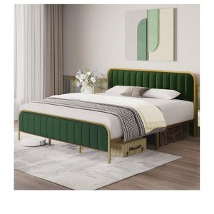 Full/King Bed Frame Modern Heavy Duty Velvet Upholstered Platform With Dense Sponge Headboard No Box Spring Needed In Gold And White,Green - 1 of 4