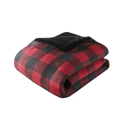 Full Red Buffalo Check Faux Fur Comforter Set