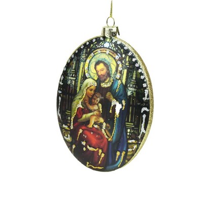 Kurt S. Adler 5" Double Sided Holy Family and Cross Glass Oval Disc Christmas Ornament - Red/Blue