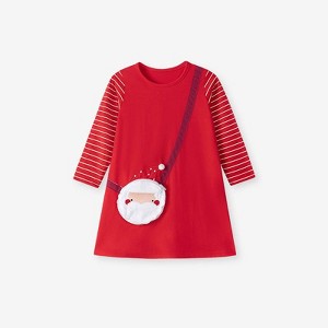 MyKids-Usa Autumn and Spring Arrival Christmas Cartoon Pattern Striped Long Sleeves Dress for Stylish Girls - 1 of 4